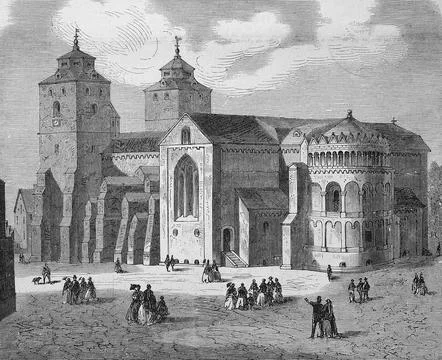 Tower front 1860 with Gothic window group above Romanesque portal condition Ilustração Stock