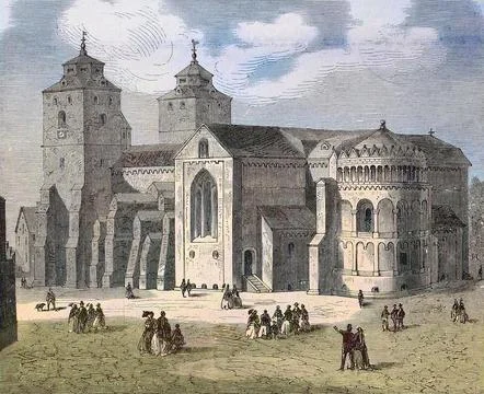 Tower front 1860 with Gothic window group above Romanesque portal condition Stock Illustration