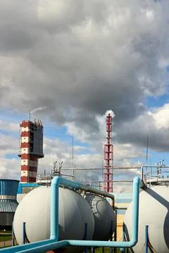 Tower granulator chimney cooling tower and spherical gas tank gasholder Stock Photos