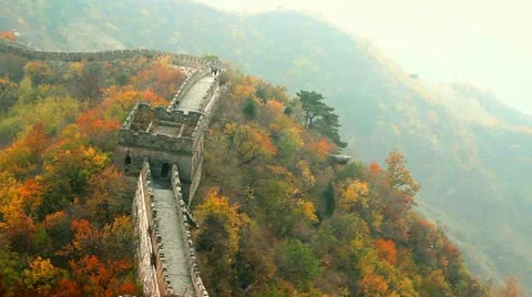 Tower of Great Wall of China surrounded by trees, near Beijing, China Stock Footage 10888869