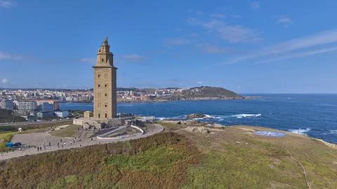 Tower of Hercules lighthouse overlooking Atlantic Ocean in Galicia Stock Photos
