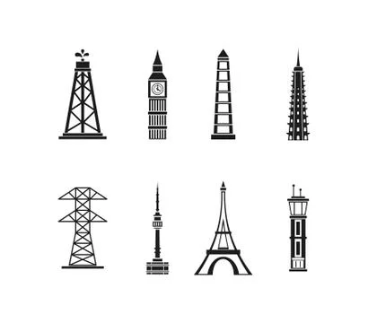 Tower icon set, simple style Illustrazione stock