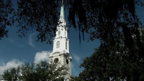 Tower of Independent Presbyterian Church in Savannah Georgia Stock Footage