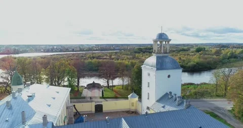 Tower to Krustpils medieval castle. Jekabpils, Latvia. Drone shot Stock Footage 172105281