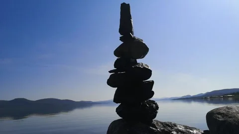 Tower  by the lake. Stone Balancing. Rock Balancing. Stock Footage 167129756