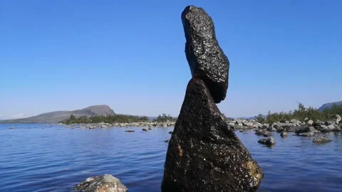 Tower  by the lake. Stone Balancing. Rock Balancing. Stock Footage 167129778