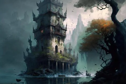 A Tower By A Large River Stock Illustration