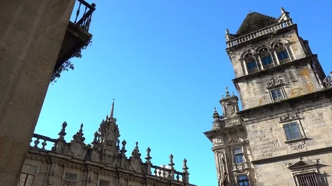 Tower on the lateral side of the cathedral in Santiago de Compostela and small s Video stock 71007164