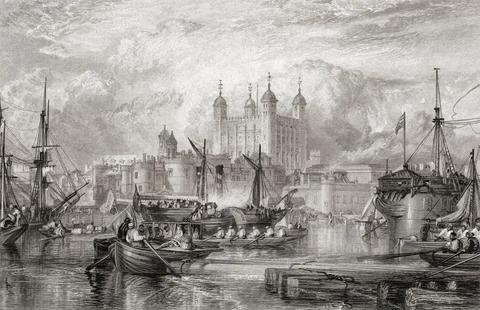 The Tower of London.  After a print dated 1831 engraved by W. Miller, from a wor 스톡 일러스트
