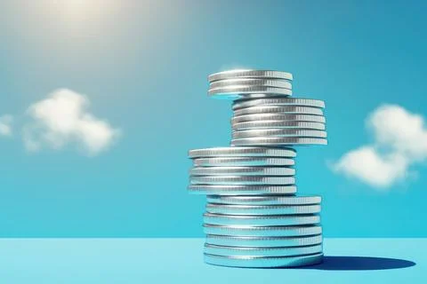Tower made of silver coins reaching the sky, white clouds and sun flare on the Stock Illustration