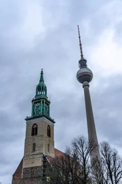 Tower of the Marienkirche (St. Marys) Church, and TV Tower in Berlin Stock Photos