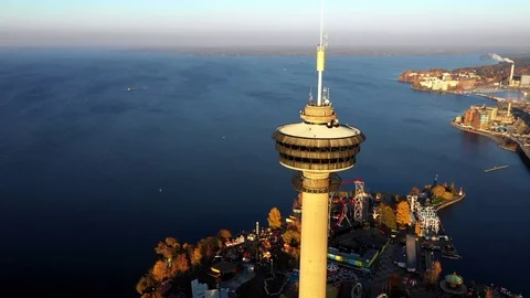 Tower near the lake in the city of Tampere, Finland, aerial footage. Stock Footage