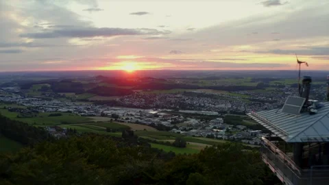 Tower Observation Deck Overlooking a Valley at Sunset During Aerial Drone 库存影片 331169318