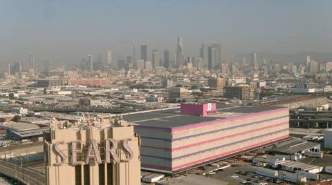 Tower of old Sears warehouse with Downtown Los Angeles in distance Stock Photos