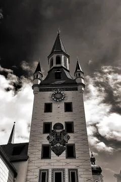 Tower of the Old Town Hall with Clock in Munich Stock Photos