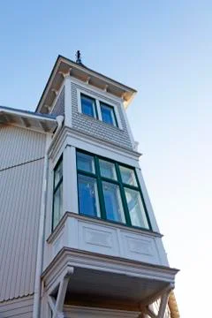 Tower or projecting part of old wooden house in central Umea Stock Photos