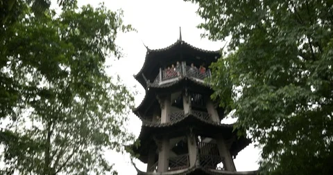 Tower Pan Down to tourists China Hangzhou Stock-Footage 93345018