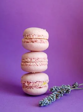Tower of pink macaroons close-up on bright purple background with lavender Stock Photos