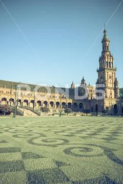 The tower in plaza de espana in Seville, Spain, Europe Stock Photos