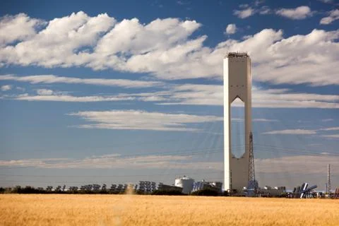 Tower with rays and panels of a solar power station Stock Photos