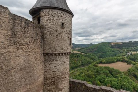 Tower ruin medieval castle Bourscheid in Luxembourg Stock Photos