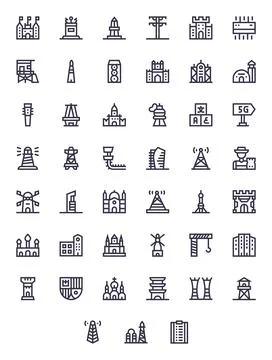 Tower Scalable Vector Set featuring 45 PIXEL Perfect Bold Line 128x128 Icons Stock Illustration