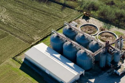 Tower silos and storage facility, aerial view Stock Photos