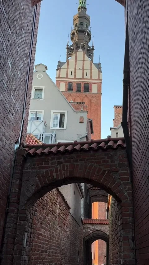 Tower of St Nicholas Cathedral Framed by Brick Archway in Poland Stock Footage 339584131