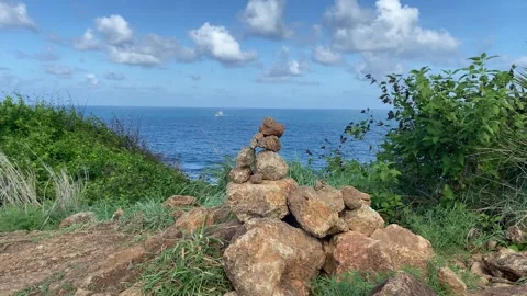 Tower stack rock at top of mountain with landscape blue sky view Stock Footage 278039783