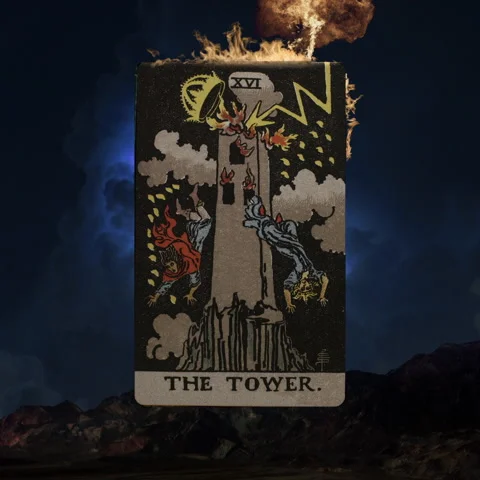 The Tower tarot card struck by lightning, catches fire, collapses - loop (16) 2K Stock Footage 151685751