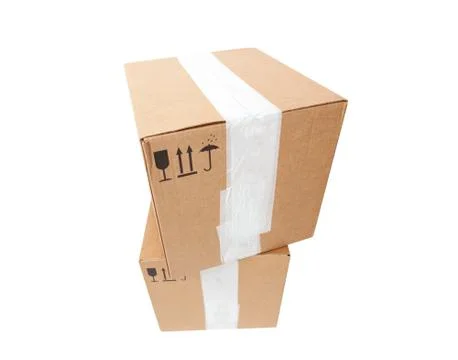 Tower of two cardboard boxes with standard black signs Stock Photos
