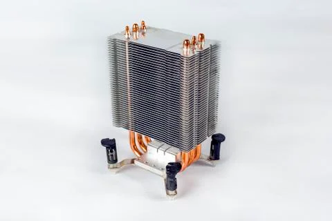 Tower-type cpu cooler with copper heatpipes on white background Stock Photos
