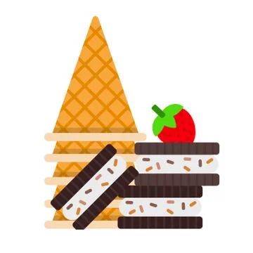Tower of waffle cones, chocolate biscuits with strawberry berries flat isolated Stock Illustration