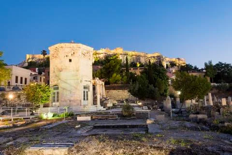 Tower of the winds at dusk Stock Photos
