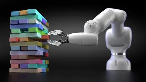 The tower from wooden multi colored blocks and robotic arm take one block Stock Illustration