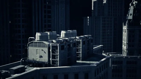 Towering city elements emphasized by dramatic shadows and industrial design Stock Footage 341832858