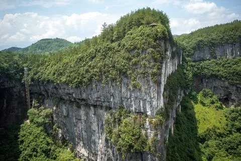 Towering cliff face covered in dense green foliage Stock Photos