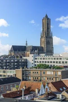 The towering Eusebius Church in Arnhem dominates the city skyline, a historic Stock Photos