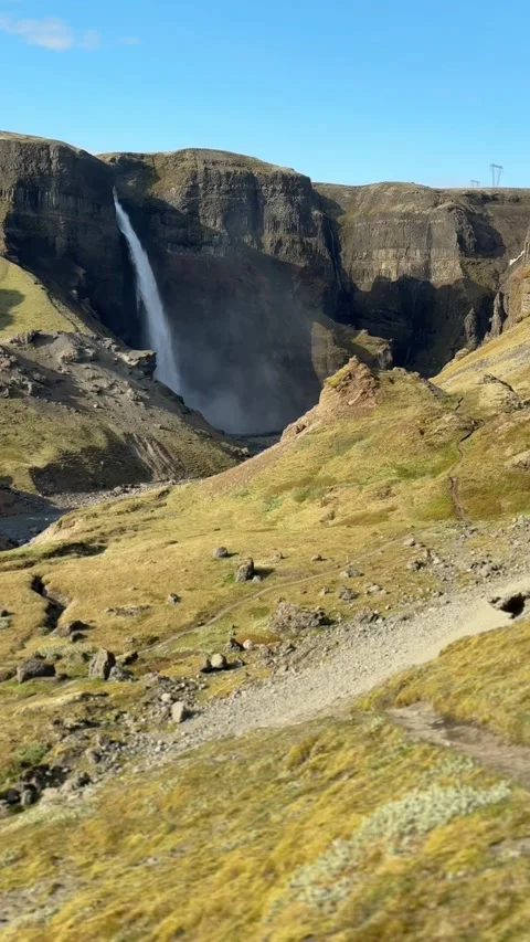 Towering Haifoss waterfall cascading into the deep canyon of Thjorsardalur  Video stock 331513906