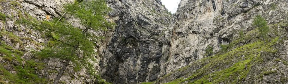 Towering Limestone Cliffs and Green Alpine Slopes Forming Dramatic Rocky Go.. Stock-Fotos