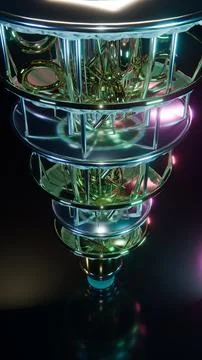Towering scale of a suspended gold Quantum Computer, 9:16 photo Stock Photos