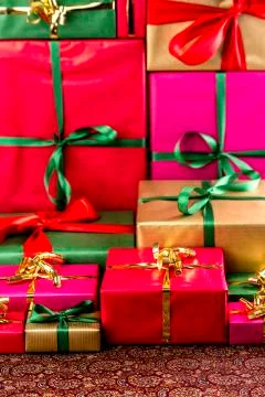 Towering stack of gifts. Stock Photos