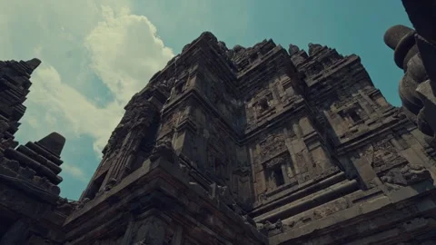 Towering Stone Facade of Ancient Candi Prambanan in Java Stock Footage 333325879