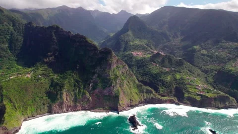 Towering Volcanic Cliffs Plunging Into The Atlantic Ocean In Madeira Island Stock Footage 342284550