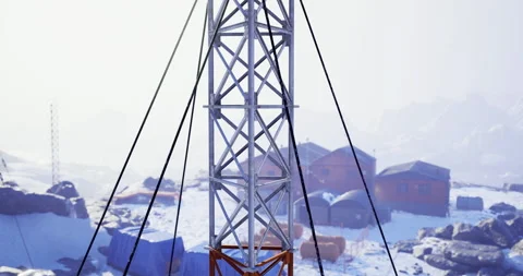 Towers and structures amidst a snowy landscape in winter season Stock Footage 318522906