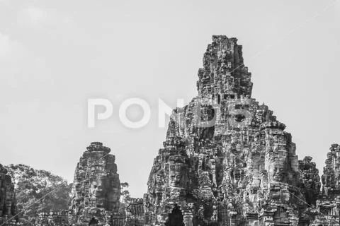 Towers at Bayon Temple in Angkor Tom, Siem Reap, Cambodia in B&W Stock Photos