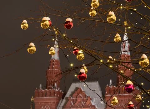 Towers of the historical museum on the background of Christmas decorations Stock Photos