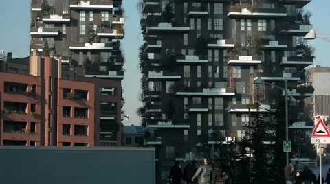 The towers of the Vertical Forest (Bosco Verticale), Milan, Italy, tilt Stock Footage 61770401