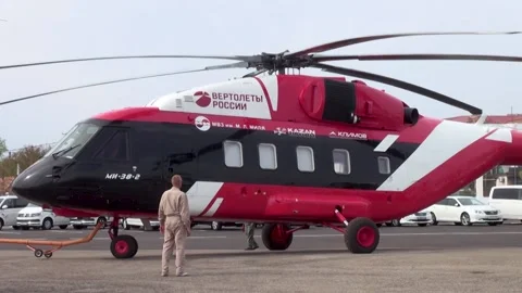 Towing of Mi-38-2 multipurpose transport helicopter at Gidroaviasalon-2018. Stock Footage 148626543