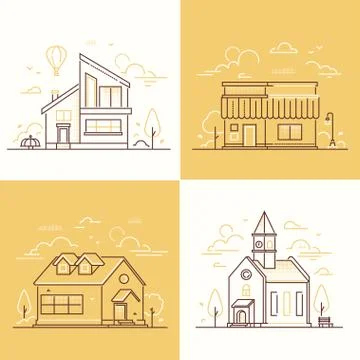 Town architecture - set of thin line design style vector illustrations Stock Illustration